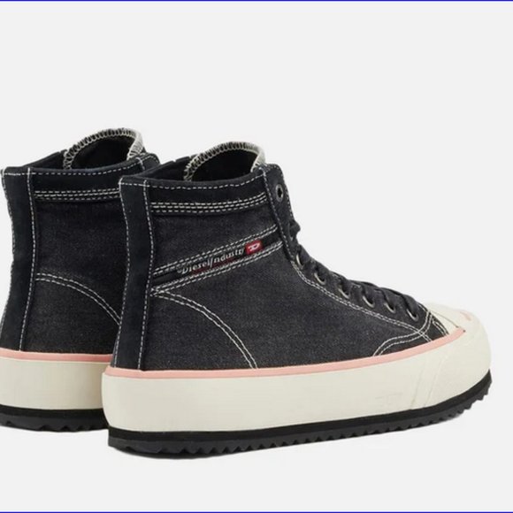DIESEL S-Principia Mid Lace up Platform Sneakers Denim Canvas Shoes Black Coral - Picture 6 of 11